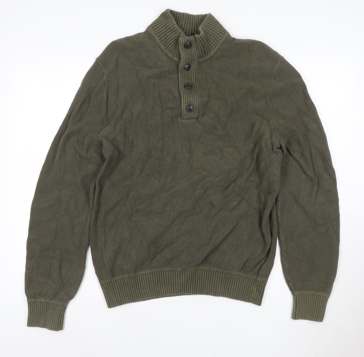 GAP Men's Green Cotton Henley Jumper M High Neck Long Sleeve