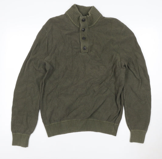 GAP Men's Green Cotton Henley Jumper M High Neck Long Sleeve