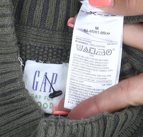 GAP Men's Green Cotton Henley Jumper M High Neck Long Sleeve