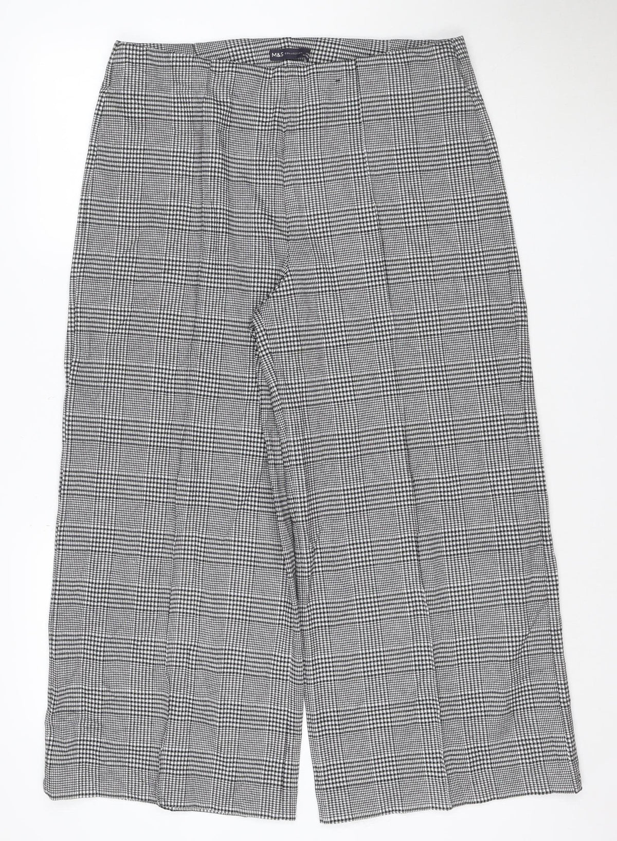 Marks & Spencer Women's Grey Check Wide-Leg Trousers Size 16