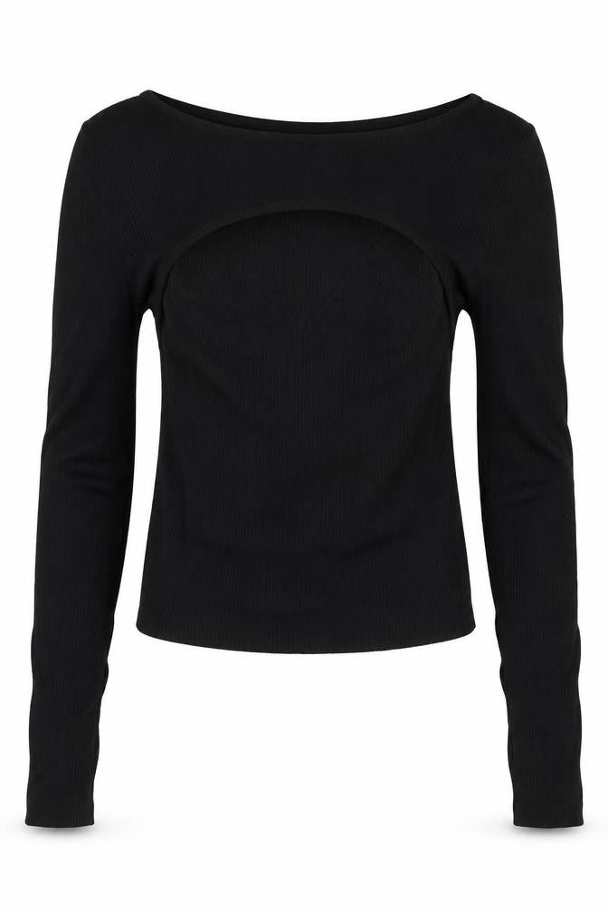 Stradivarius Women’s Black Ribbed Long Sleeve Boat Neck Knit Top Size 12