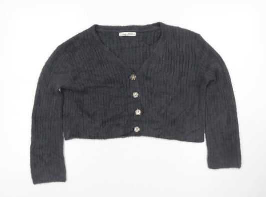 Pull&Bear Women's Grey V-Neck Button Cardigan XS Knit Crop Jumper