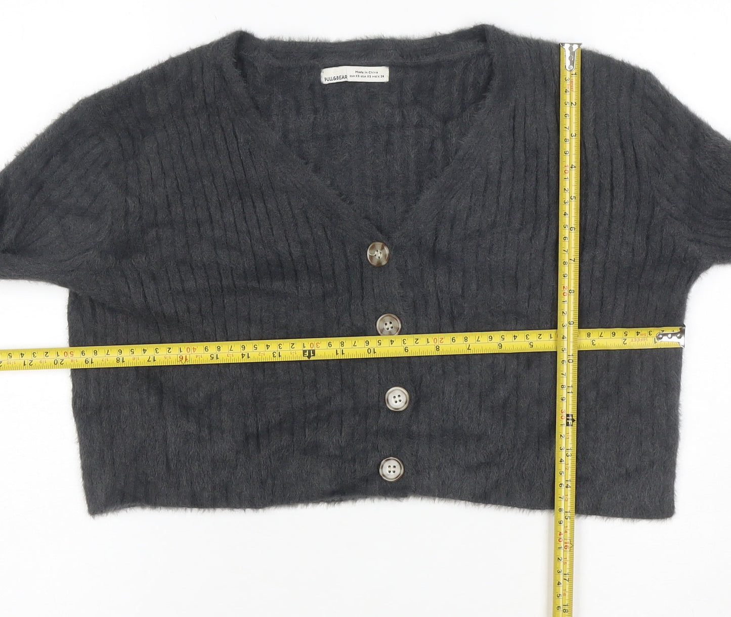 Pull&Bear Women's Grey V-Neck Button Cardigan XS Knit Crop Jumper