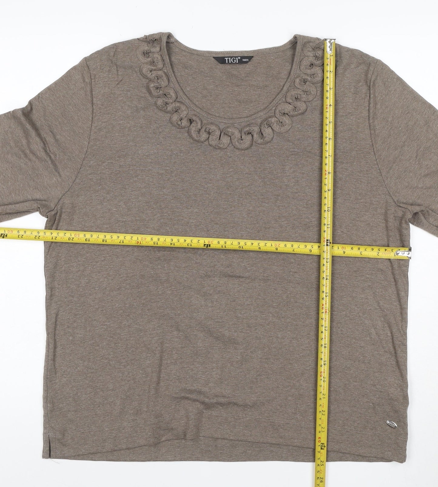 Tigi Women’s Brown 3/4 Sleeve Embroidered Neck Cotton Blend Top Size 18
