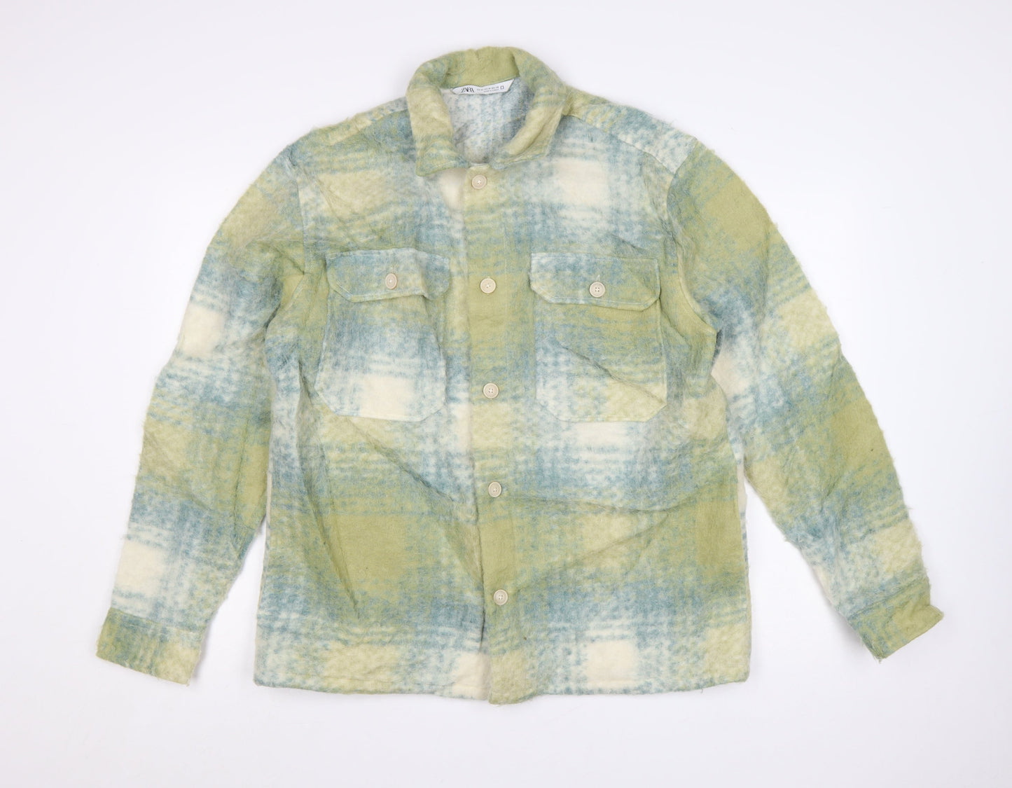 Zara Women Green Check Wool Blend Shacket Jacket M