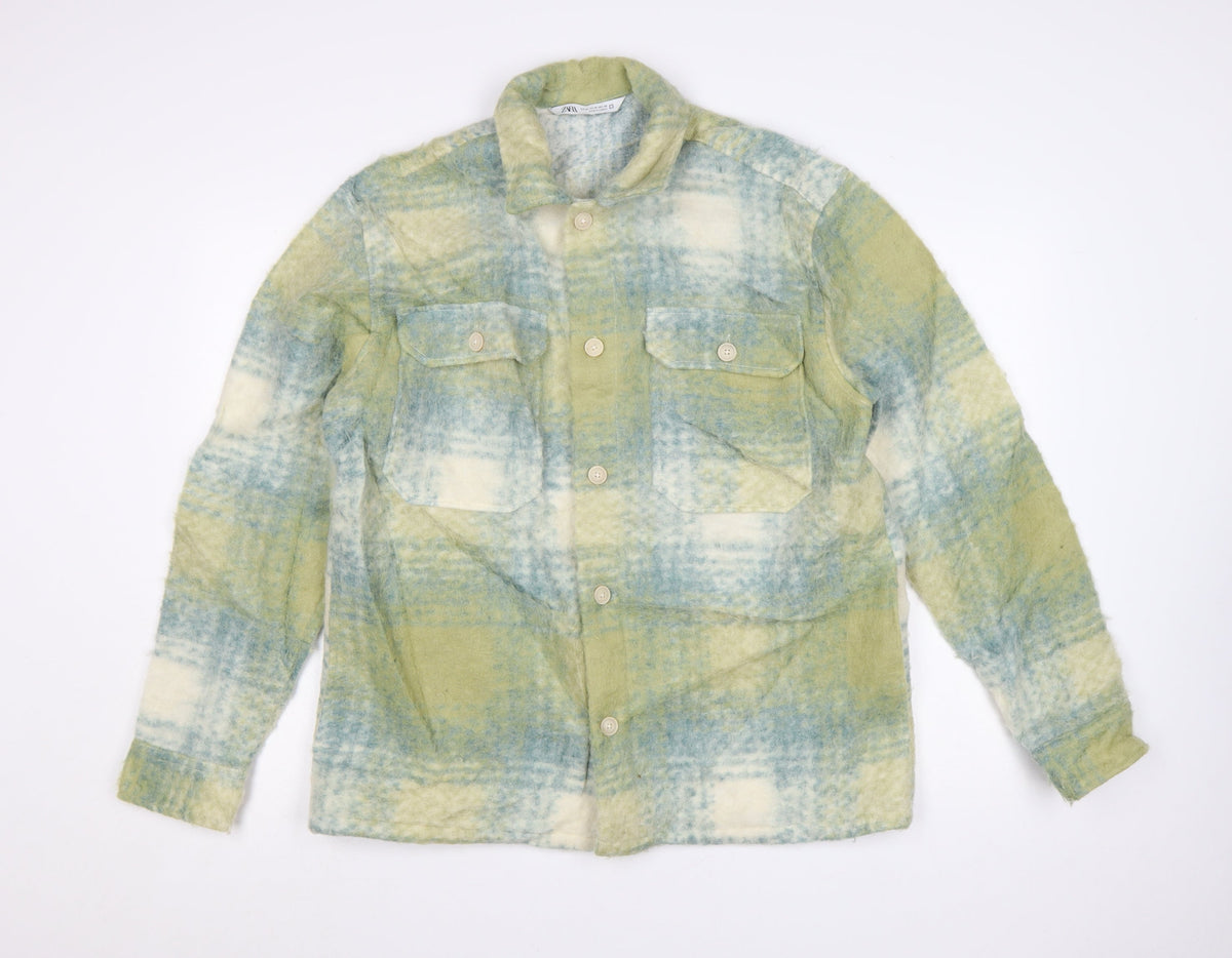 Zara Women Green Check Wool Blend Shacket Jacket M
