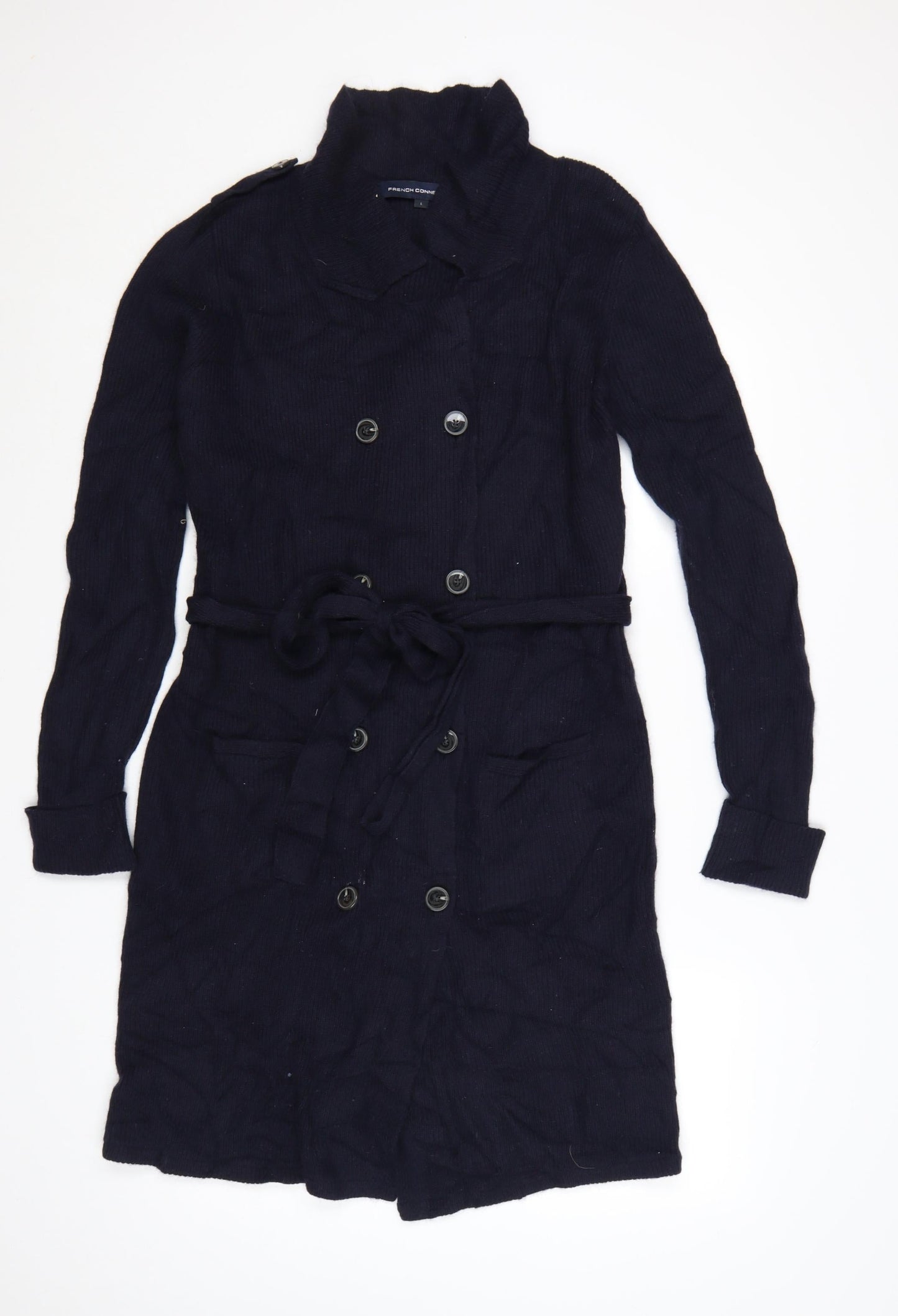 French Connection Women's Black L Collared Belted Knit Cardigan