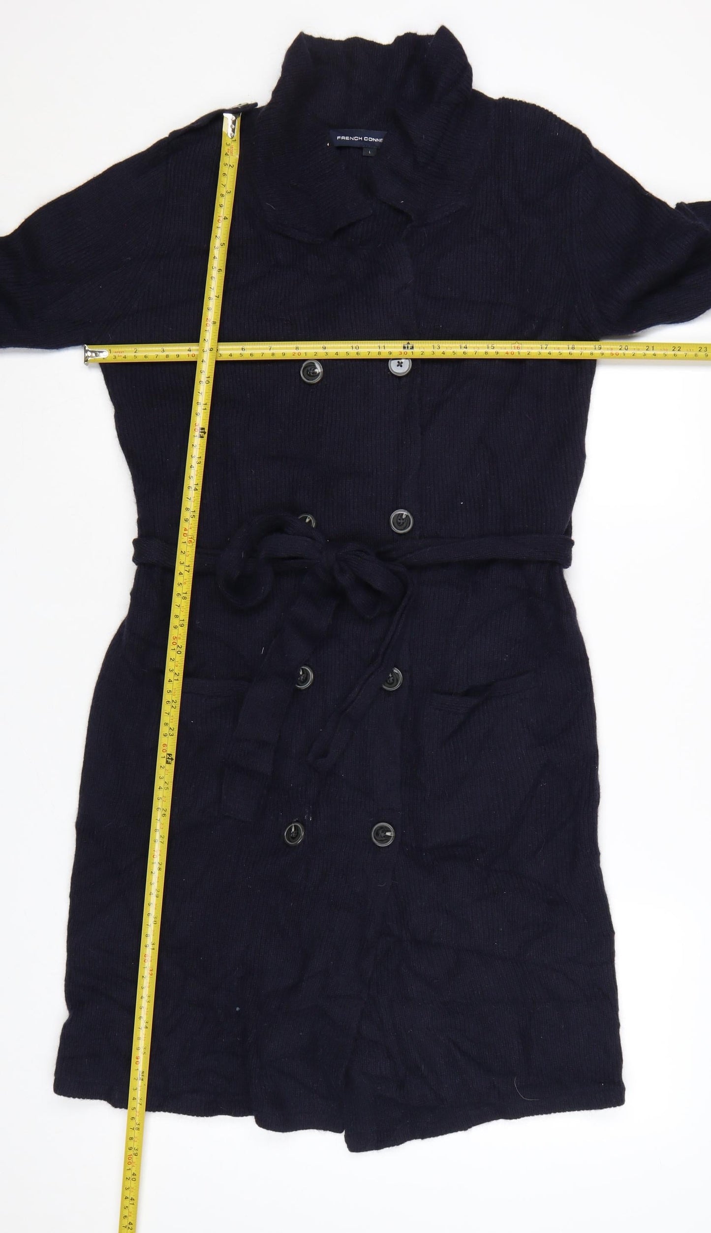 French Connection Women's Black L Collared Belted Knit Cardigan