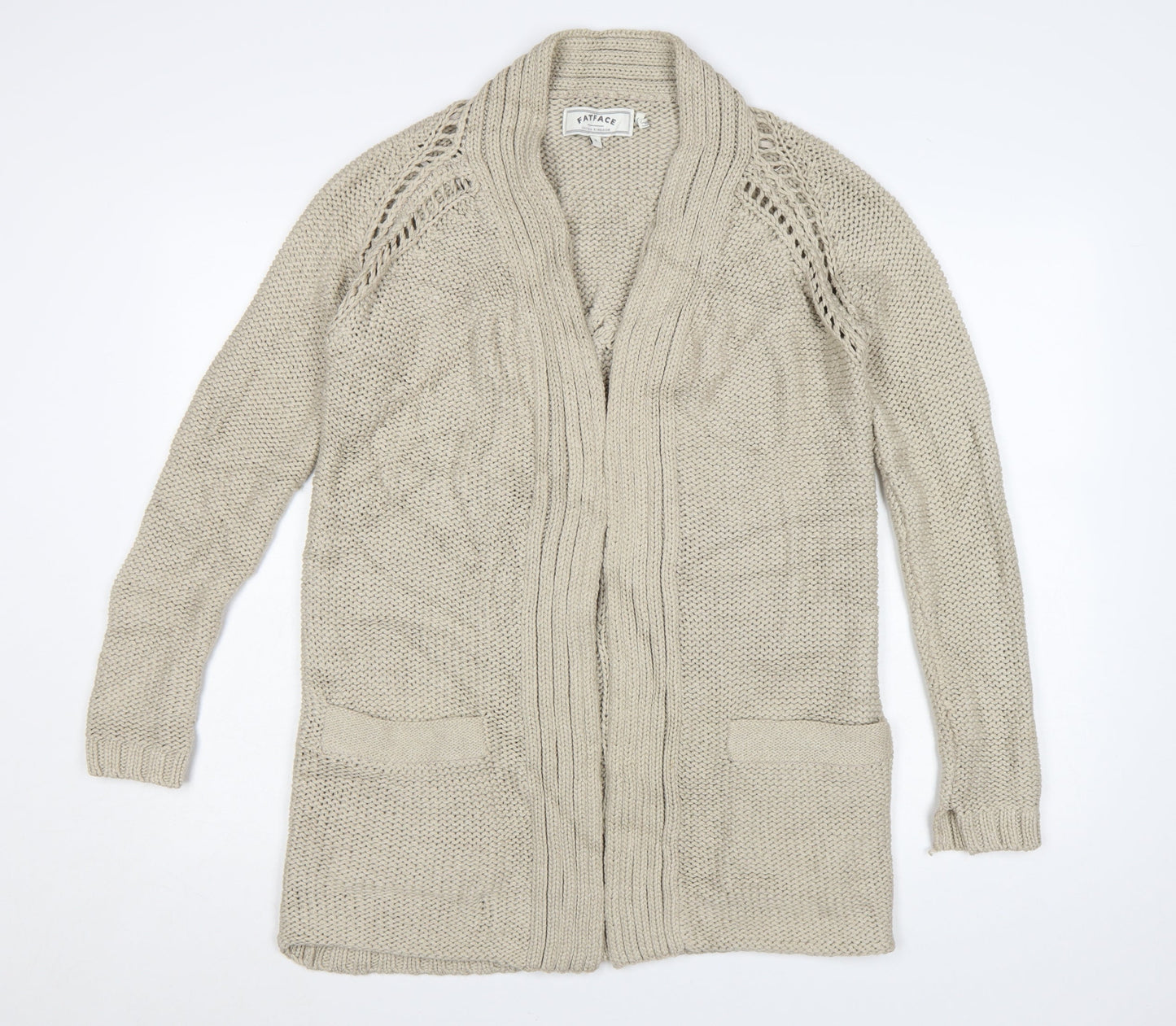 FatFace Womens Beige Cotton Long Sleeve Open Knit Cardigan Size 8