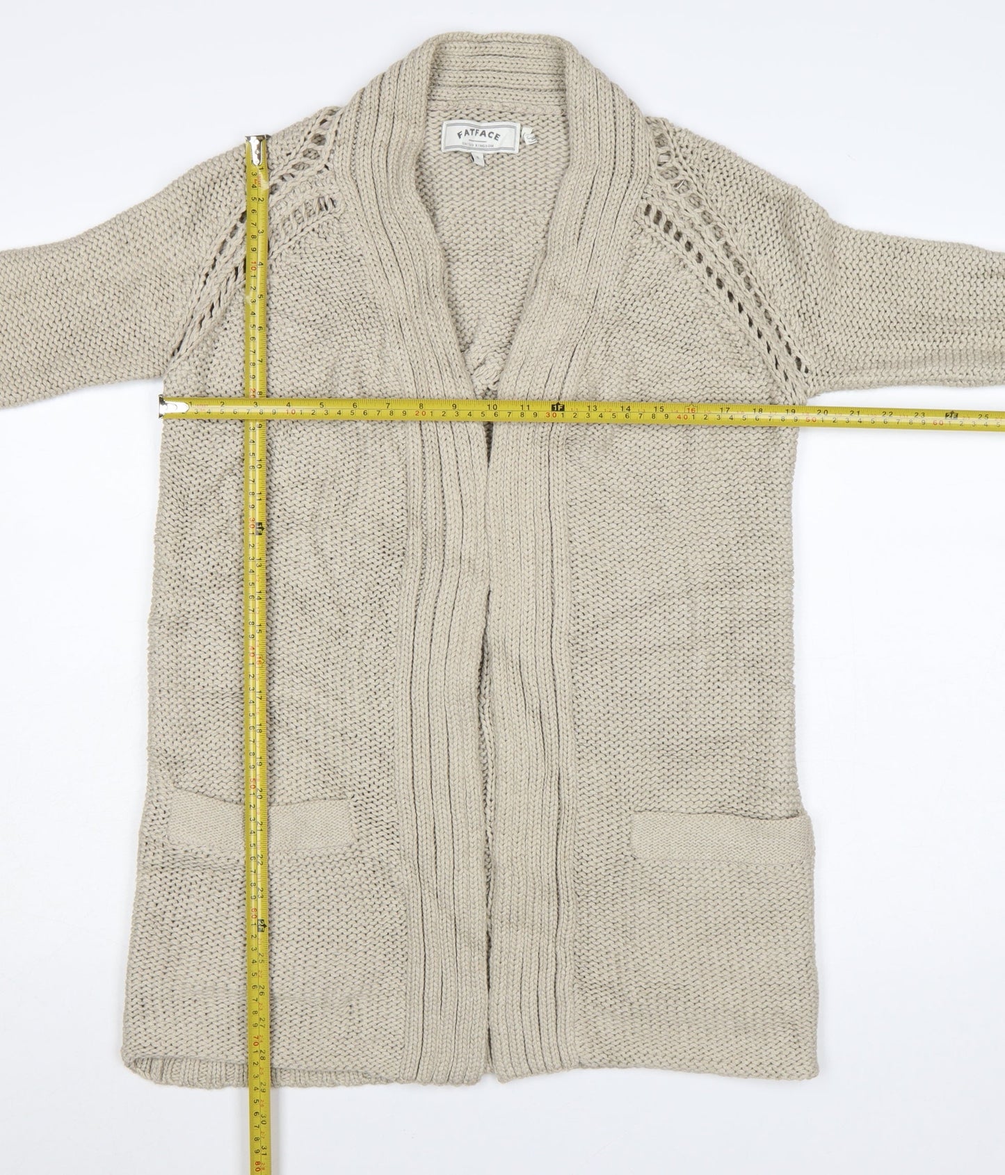 FatFace Womens Beige Cotton Long Sleeve Open Knit Cardigan Size 8