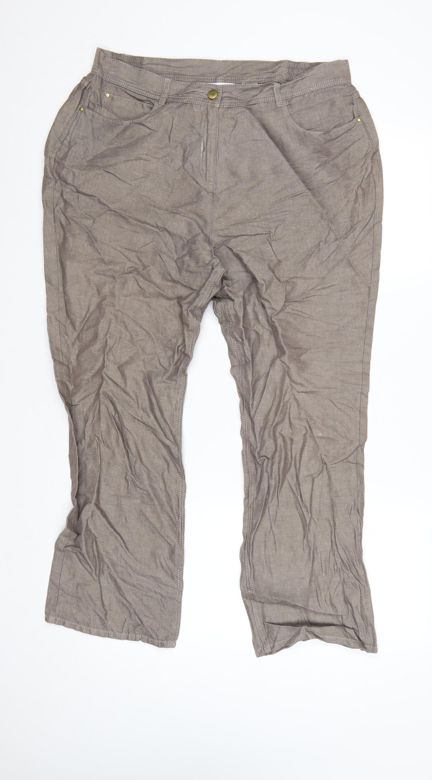 Marks and Spencer Women Brown Linen Blend Chino Trousers Size 14 Short