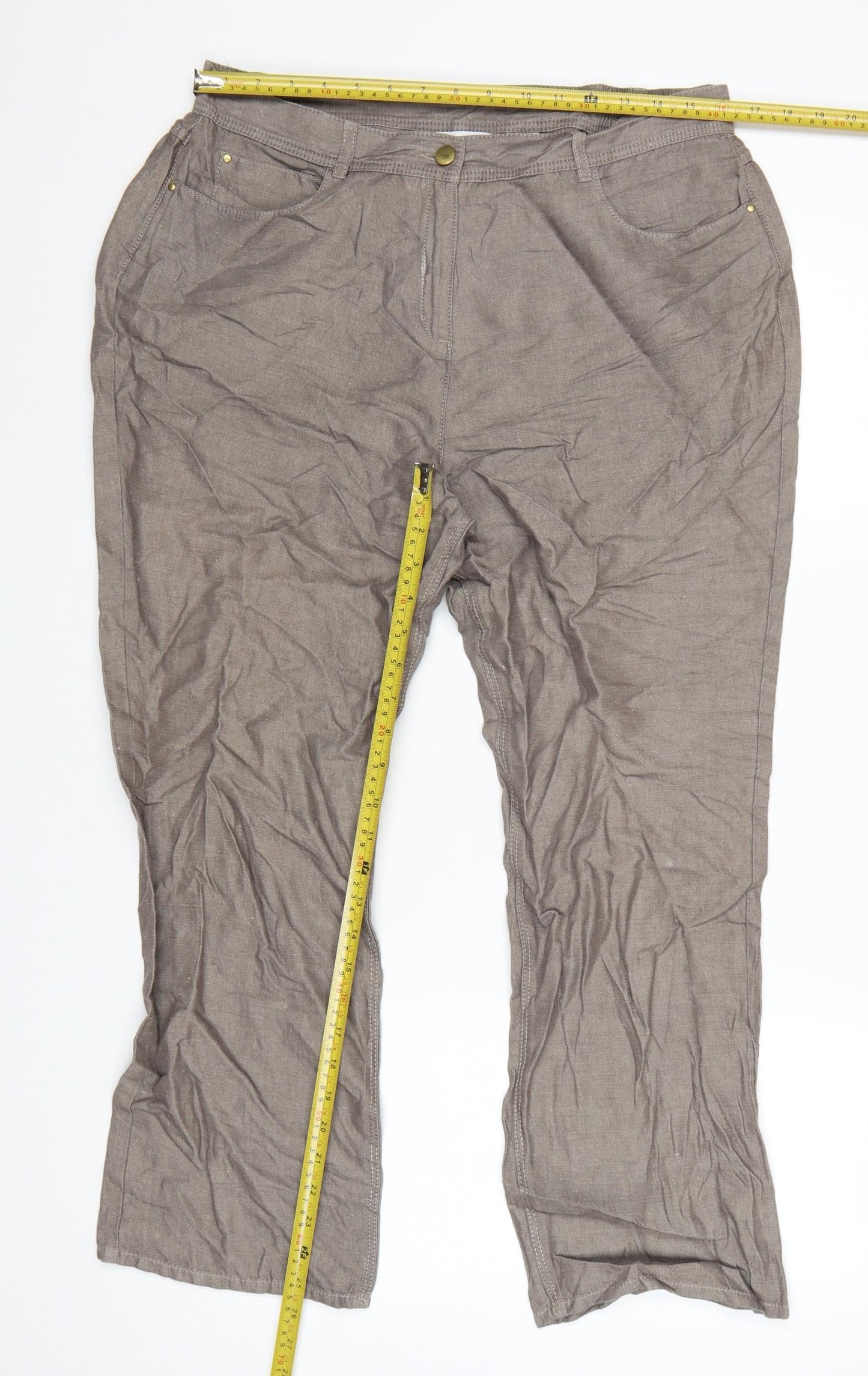 Marks and Spencer Women Brown Linen Blend Chino Trousers Size 14 Short