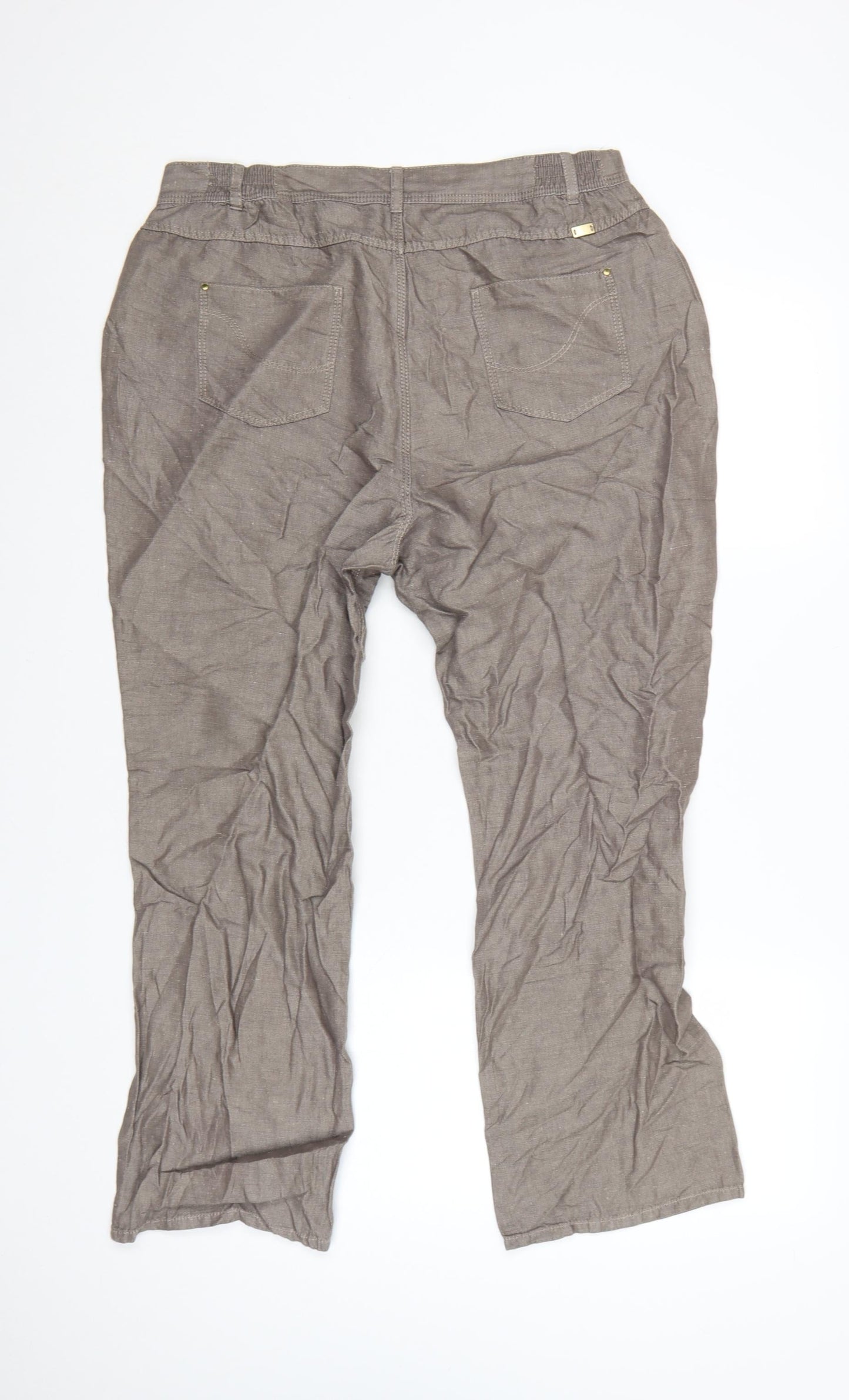 Marks and Spencer Women Brown Linen Blend Chino Trousers Size 14 Short