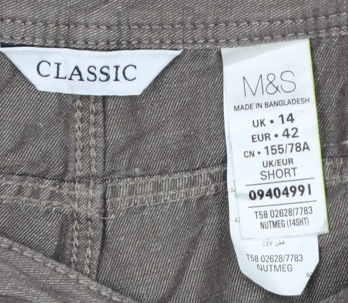 Marks and Spencer Women Brown Linen Blend Chino Trousers Size 14 Short