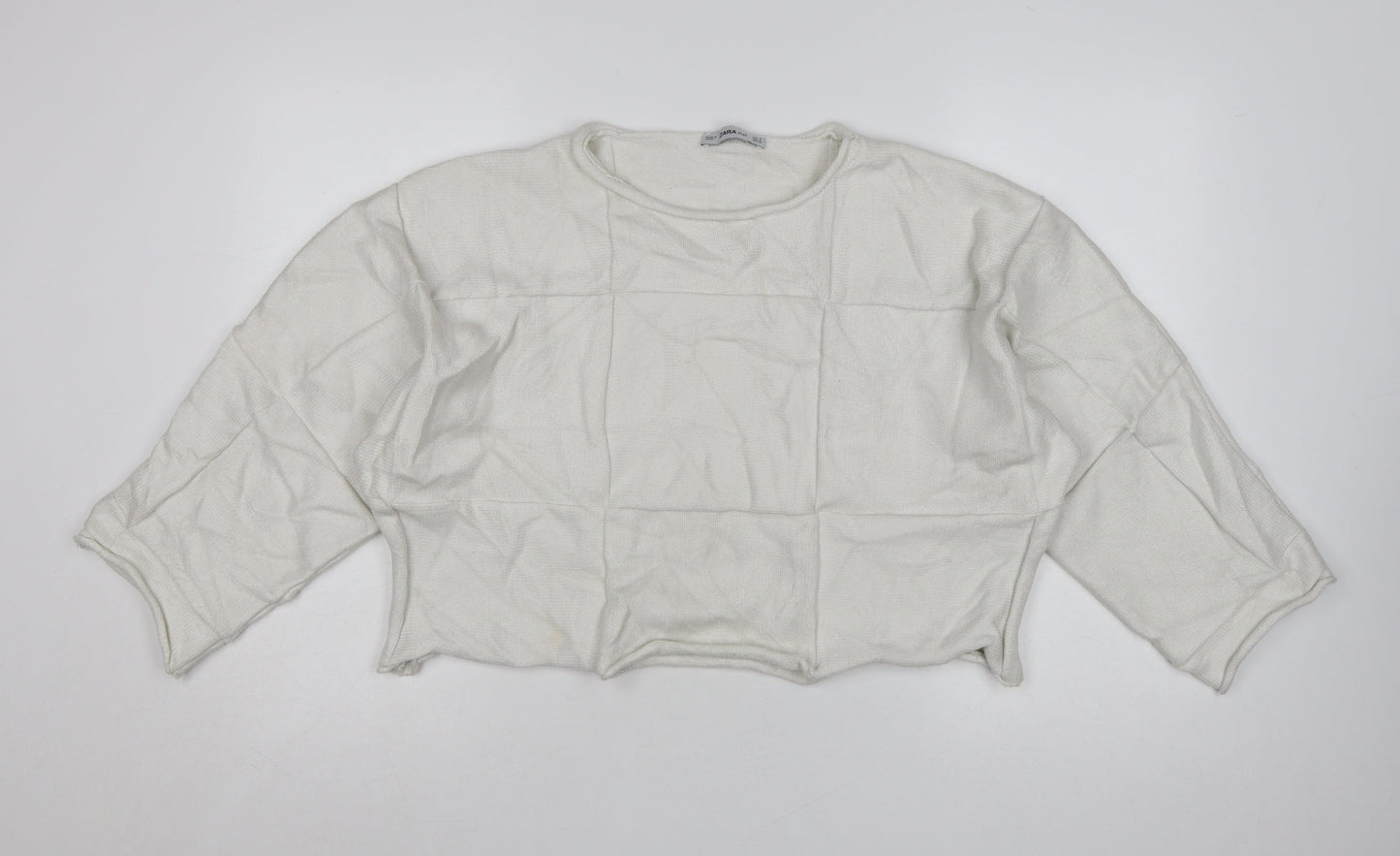 Zara Women Ivory Knit Relaxed Fit Cropped Pullover Jumper Size S