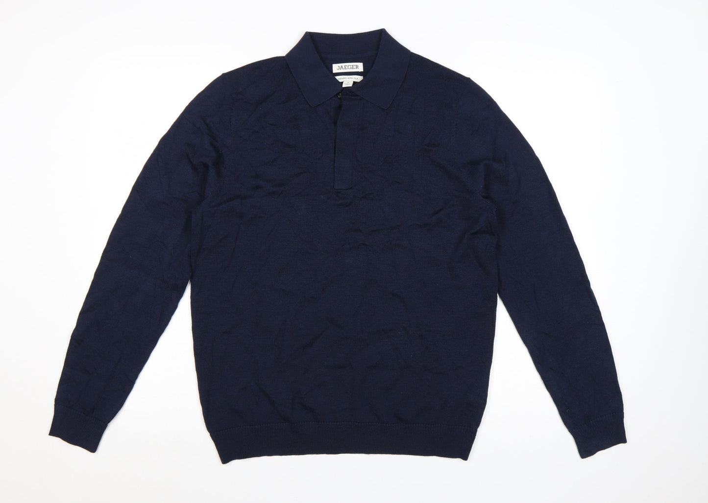 Jaeger Men’s Blue Merino Silk Collared Henley Jumper M