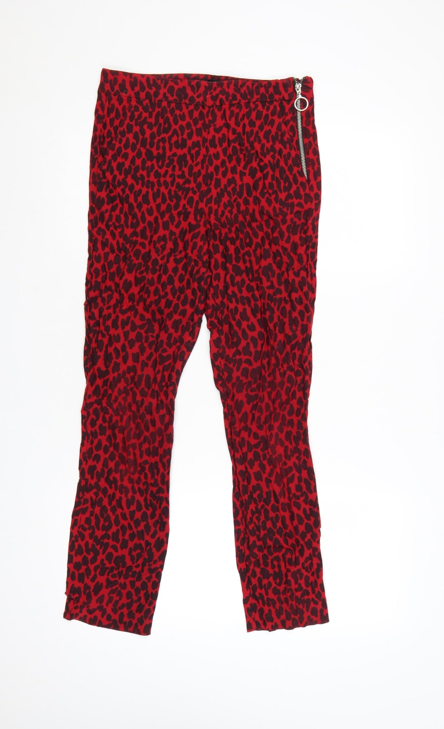 Zara Women Red Animal Print Skinny Trousers Size 10 Zip Detail