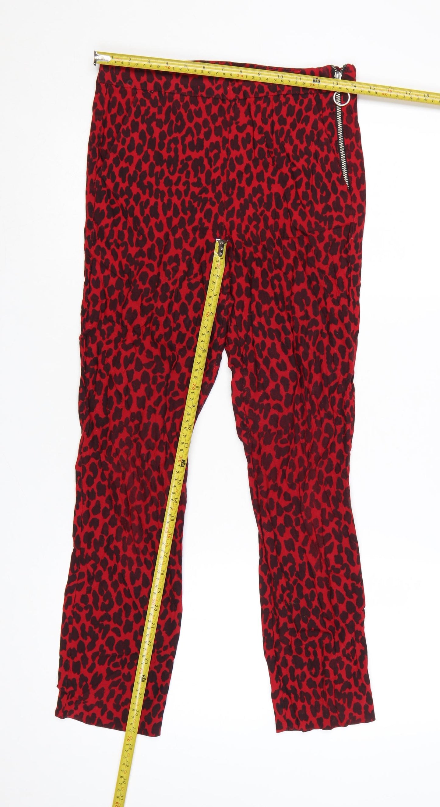 Zara Women Red Animal Print Skinny Trousers Size 10 Zip Detail