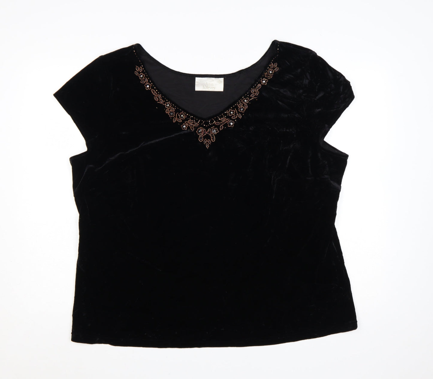 Ann Harvey Women Black Beaded Velvet Blouse UK 24 V-Neck Short Sleeve
