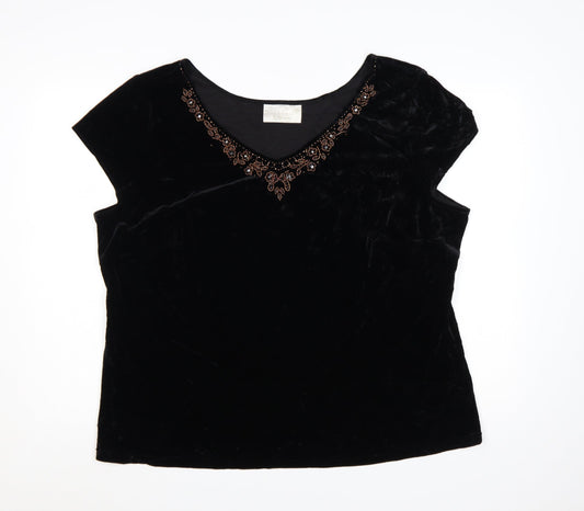 Ann Harvey Women Black Beaded Velvet Blouse UK 24 V-Neck Short Sleeve