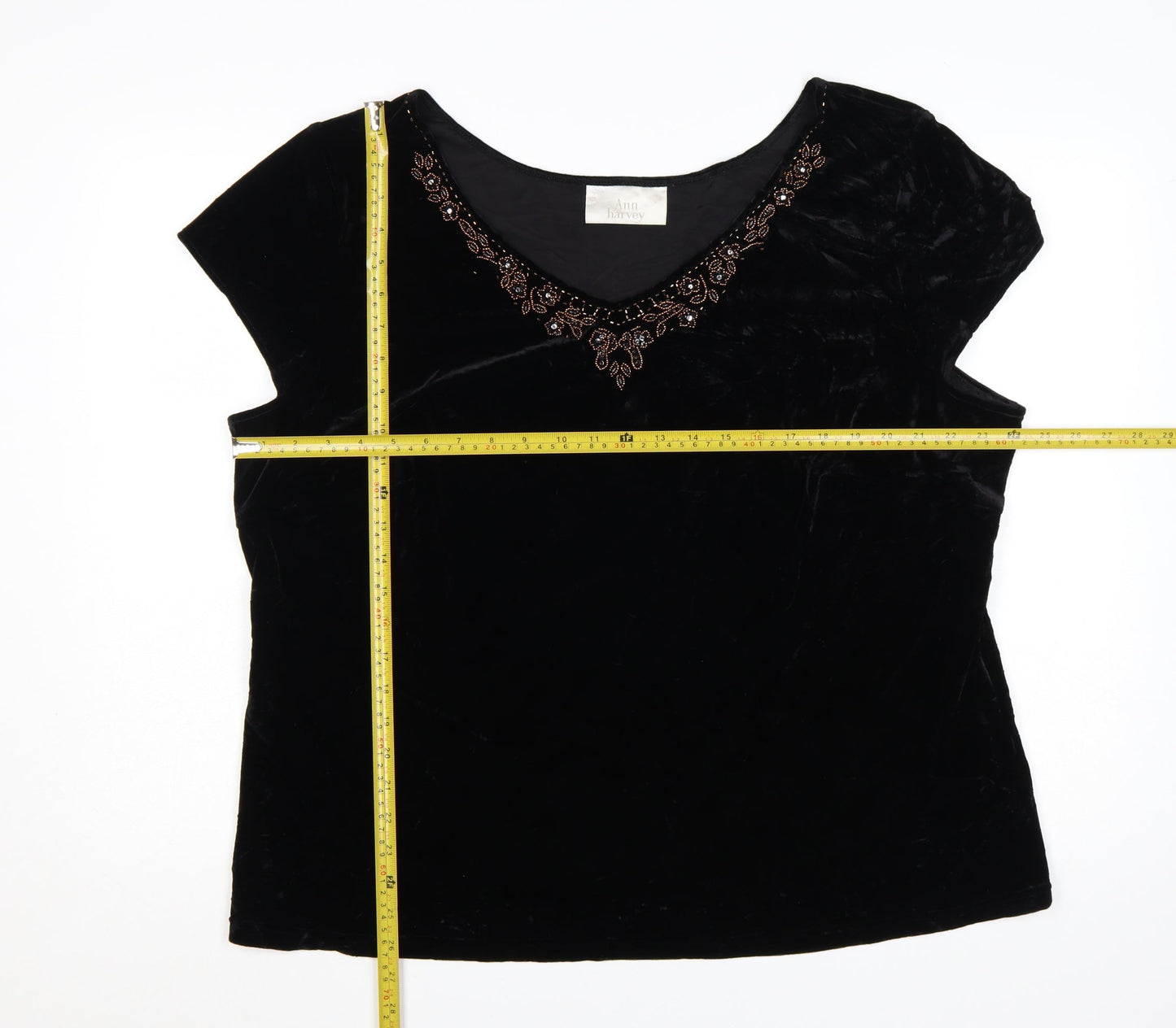 Ann Harvey Women Black Beaded Velvet Blouse UK 24 V-Neck Short Sleeve