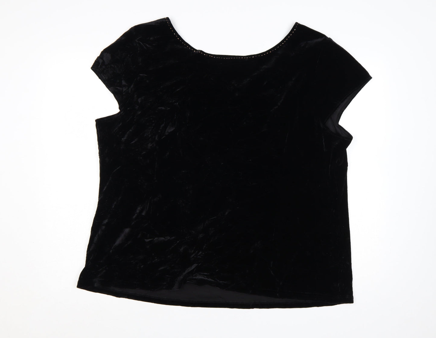 Ann Harvey Women Black Beaded Velvet Blouse UK 24 V-Neck Short Sleeve