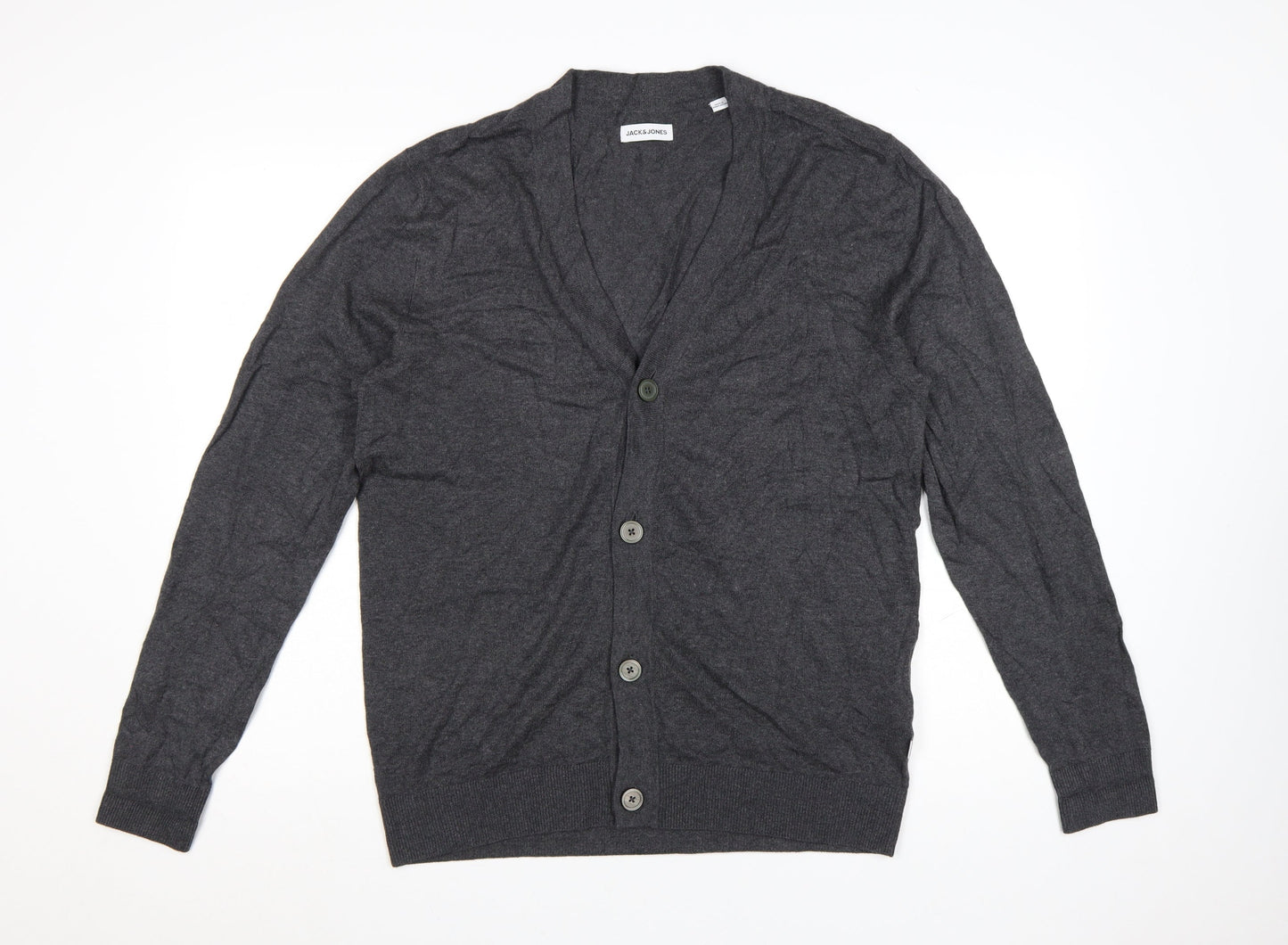 Jack & Jones Men's Grey Cotton Blend V-Neck Cardigan L