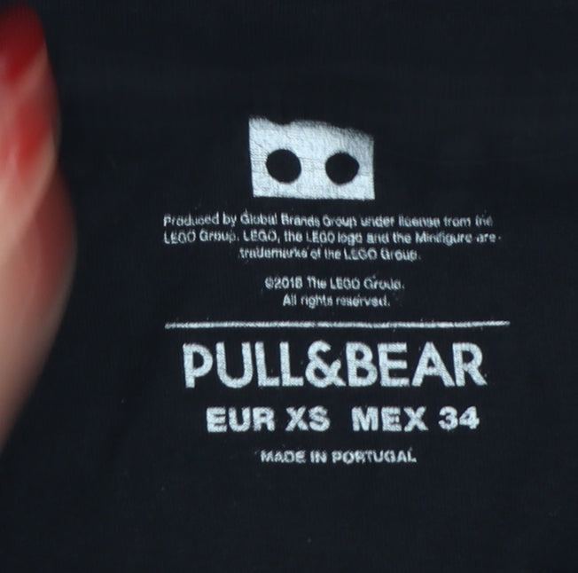 Pull&Bear Women Black LEGO Short Sleeve Cotton T-Shirt XS