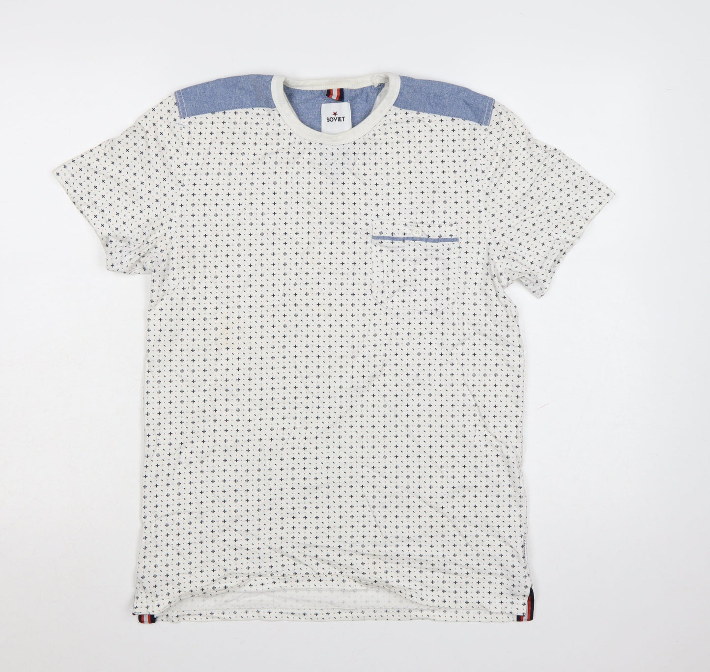 Soviet Men's White Geometric Cotton Crew Neck T-Shirt Medium