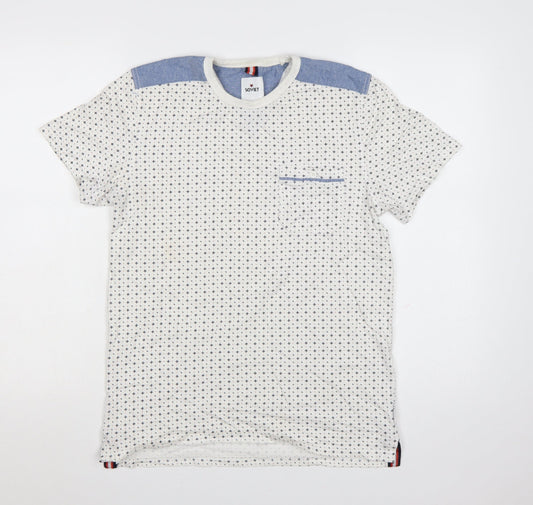 Soviet Men's White Geometric Cotton Crew Neck T-Shirt Medium