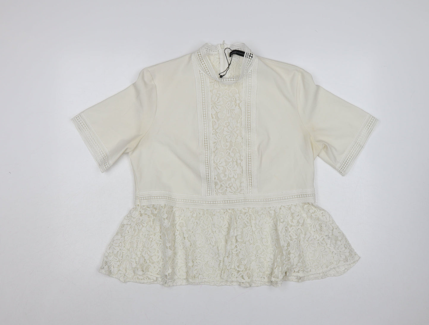 Zara Women Ivory Lace Peplum Tunic Blouse Size 14 Short Sleeve
