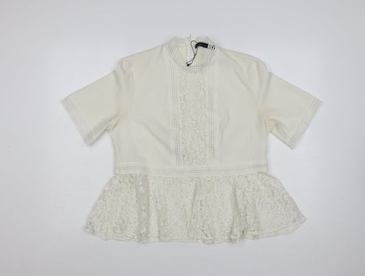 Zara Women Ivory Lace Peplum Tunic Blouse Size 14 Short Sleeve