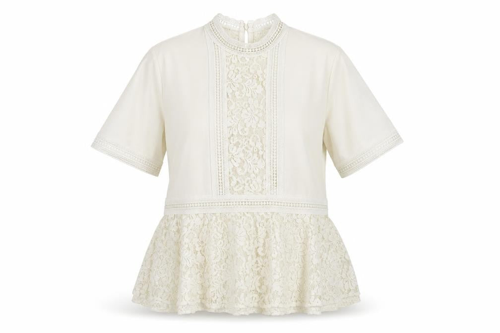 Zara Women Ivory Lace Peplum Tunic Blouse Size 14 Short Sleeve