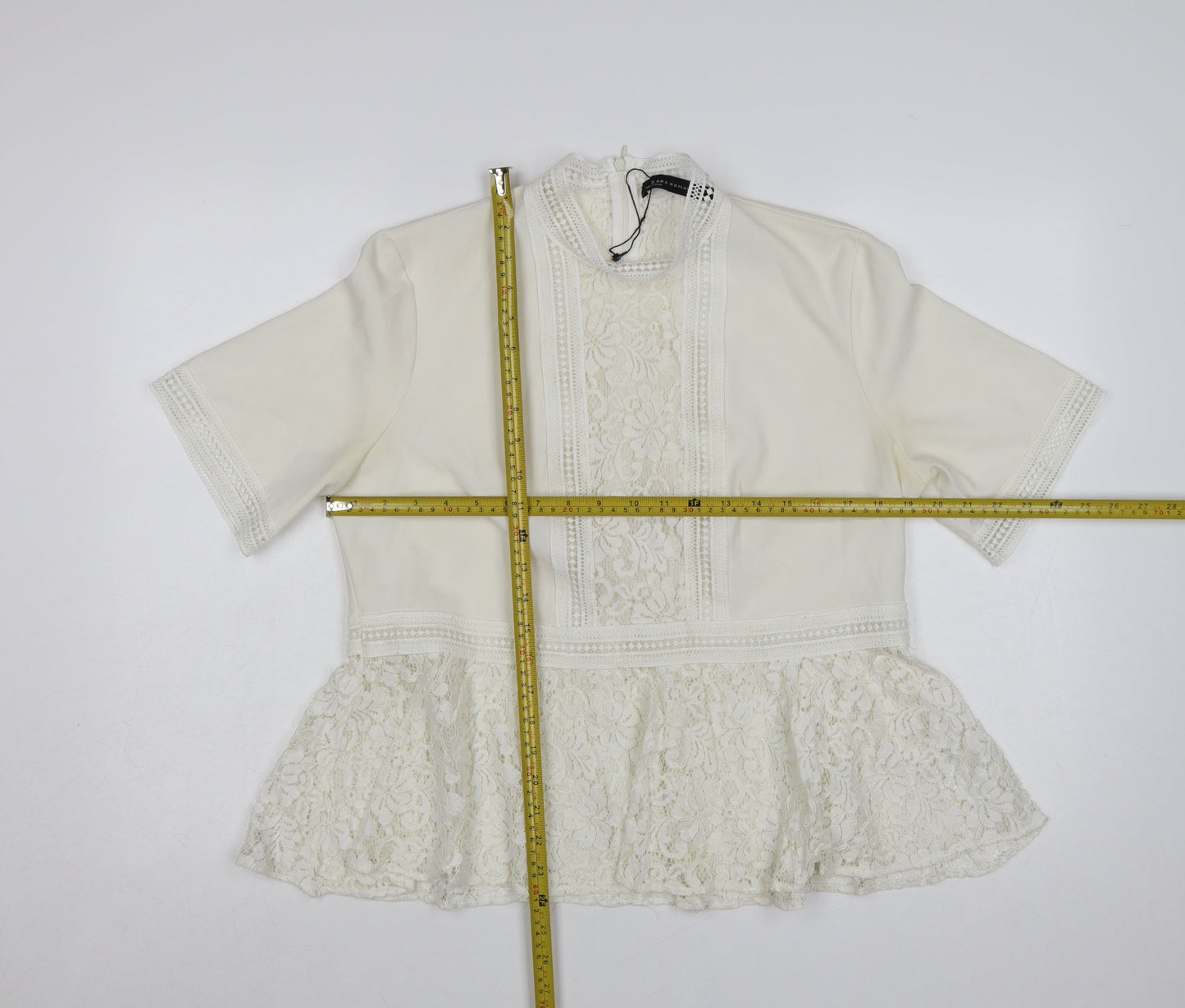 Zara Women Ivory Lace Peplum Tunic Blouse Size 14 Short Sleeve