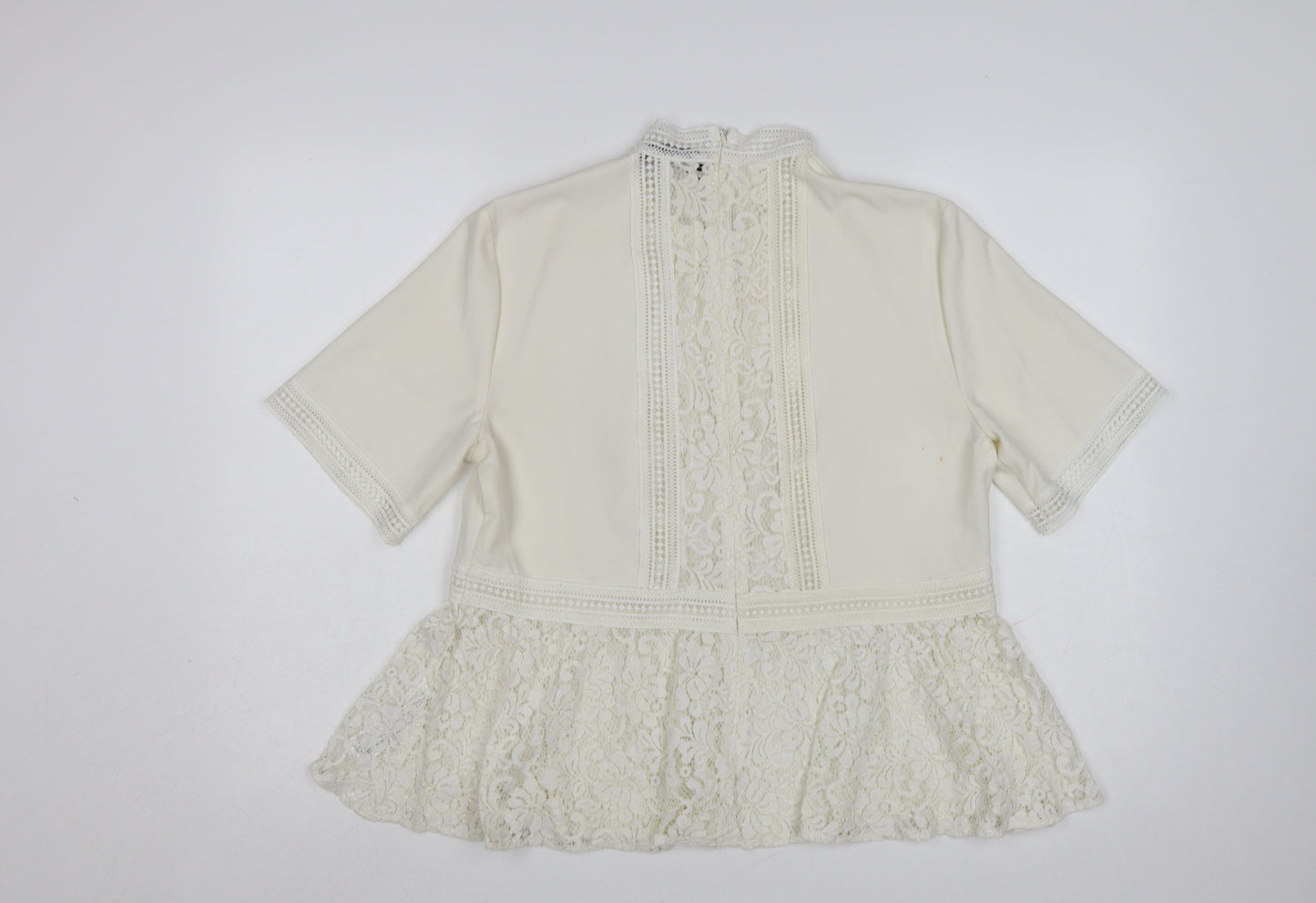 Zara Women Ivory Lace Peplum Tunic Blouse Size 14 Short Sleeve