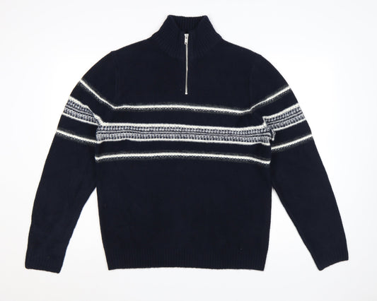 Marks and Spencer Men’s Blue Striped 1/4 Zip High Neck Jumper Medium