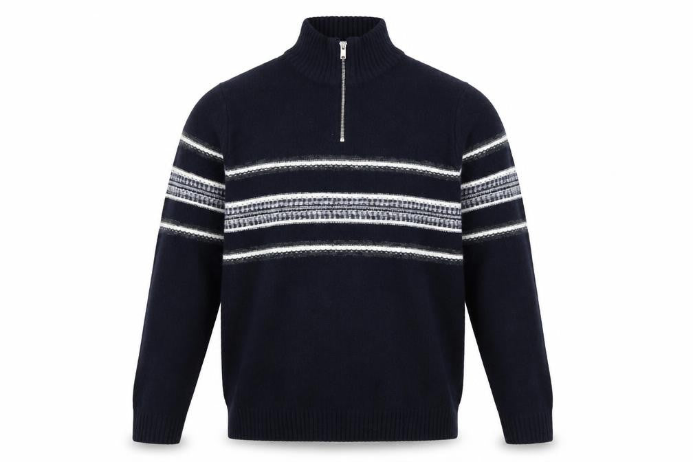 Marks & Spencer Men’s Blue Striped 1/4 Zip High Neck Jumper Medium