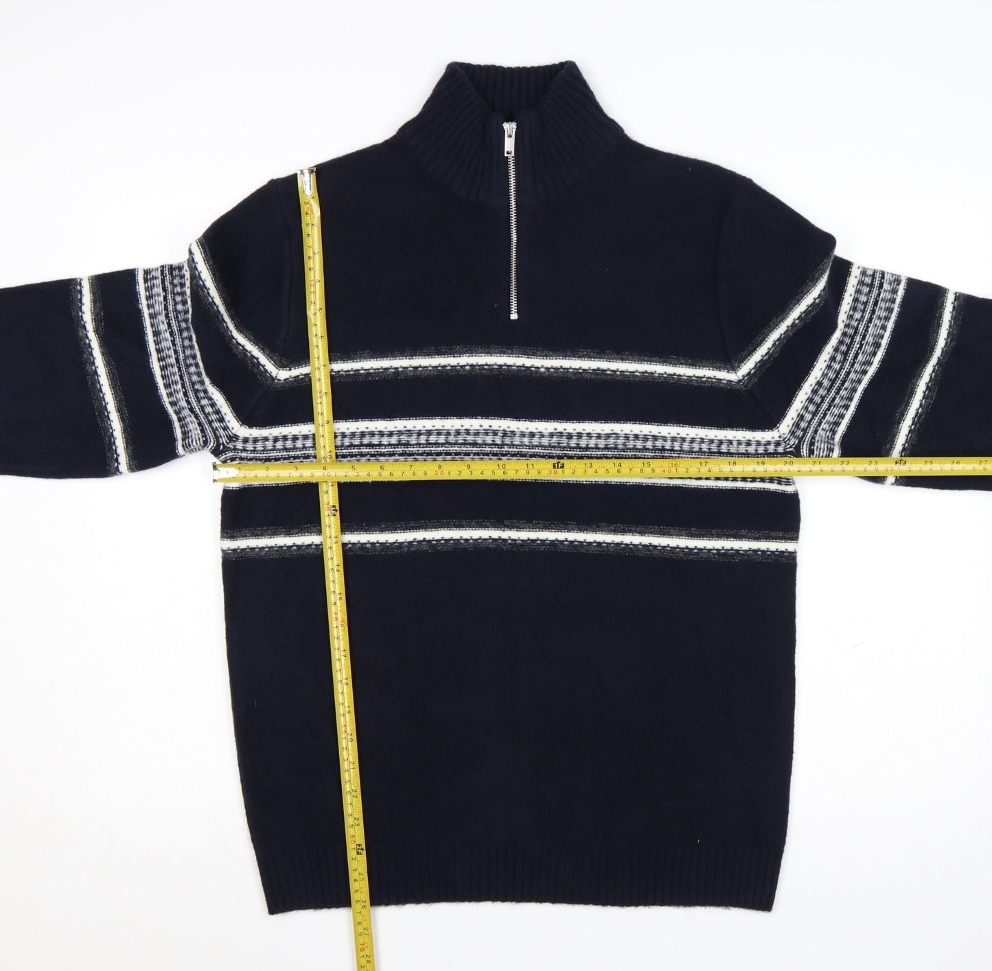 Marks and Spencer Men’s Blue Striped 1/4 Zip High Neck Jumper Medium