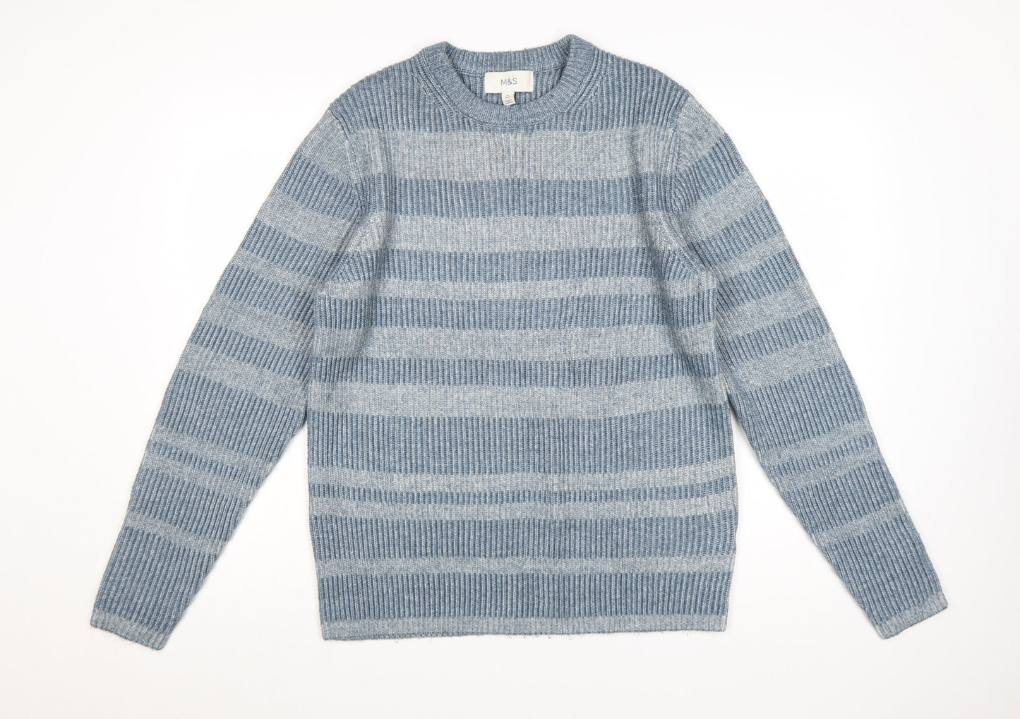 Marks and Spencer Men's Blue Striped Crew Neck Pullover Jumper M