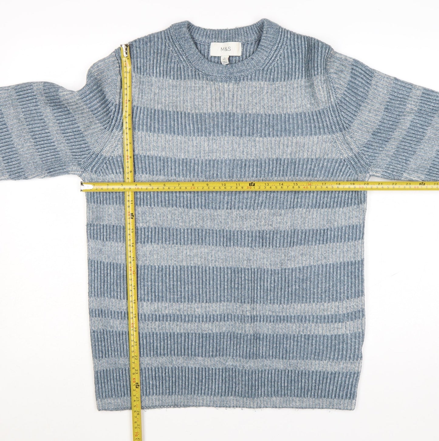 Marks and Spencer Men's Blue Striped Crew Neck Pullover Jumper M