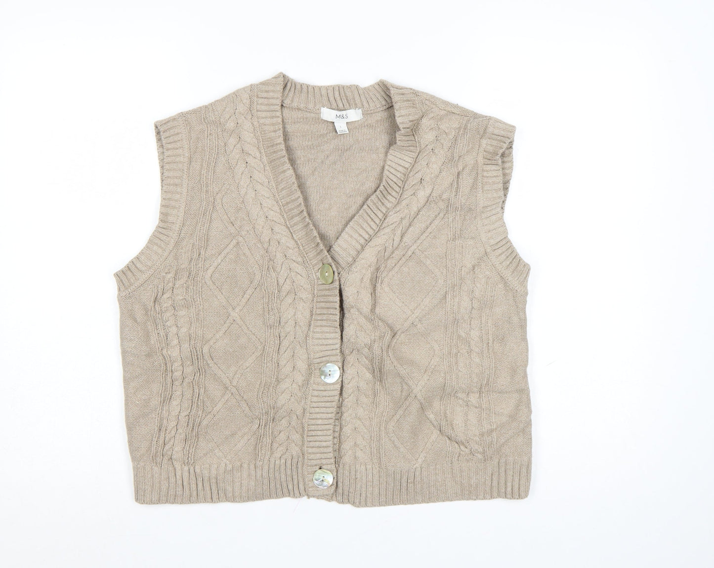 Marks and Spencer Women’s Beige Cable-Knit Wool Blend Sleeveless Vest L