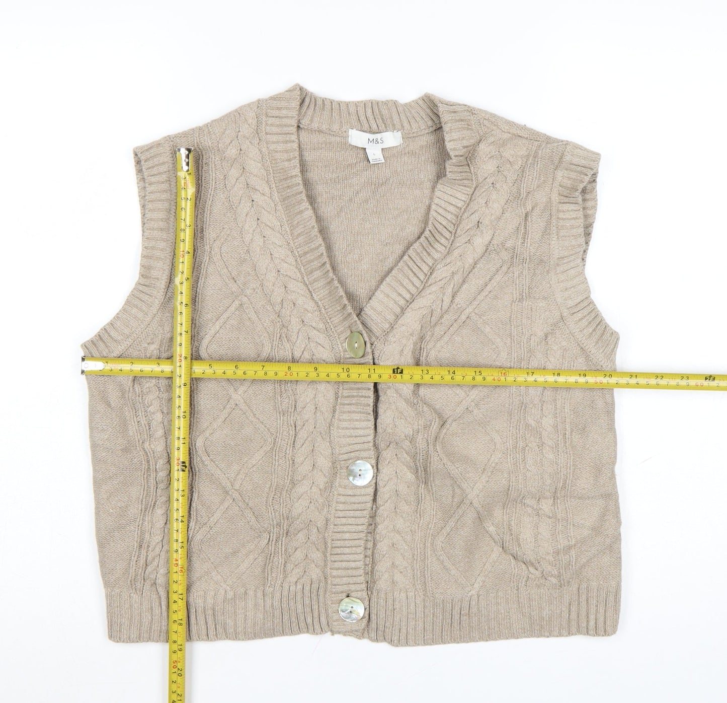Marks and Spencer Women’s Beige Cable-Knit Wool Blend Sleeveless Vest L