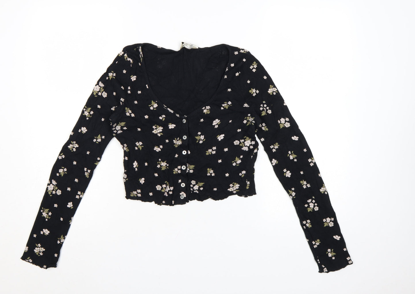 Miss Selfridge Women’s Black Floral Cropped Long Sleeve Cotton Blouse UK 10