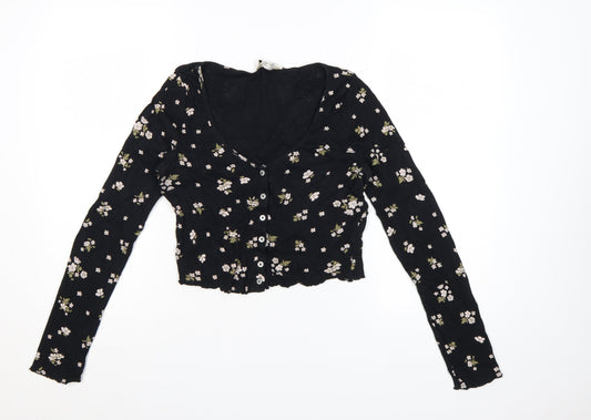 Miss Selfridge Women’s Black Floral Cropped Long Sleeve Cotton Blouse UK 10