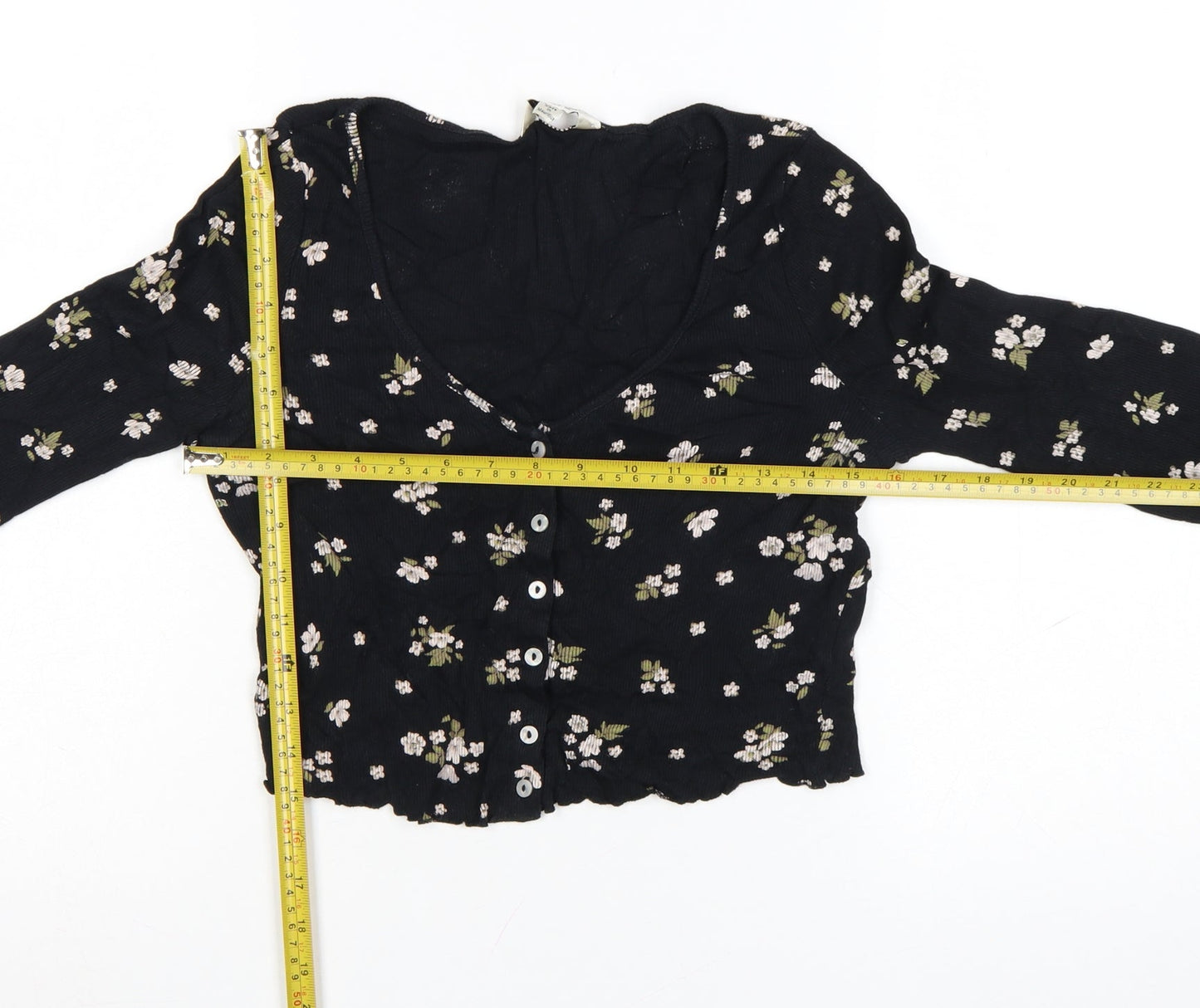 Miss Selfridge Women’s Black Floral Cropped Long Sleeve Cotton Blouse UK 10