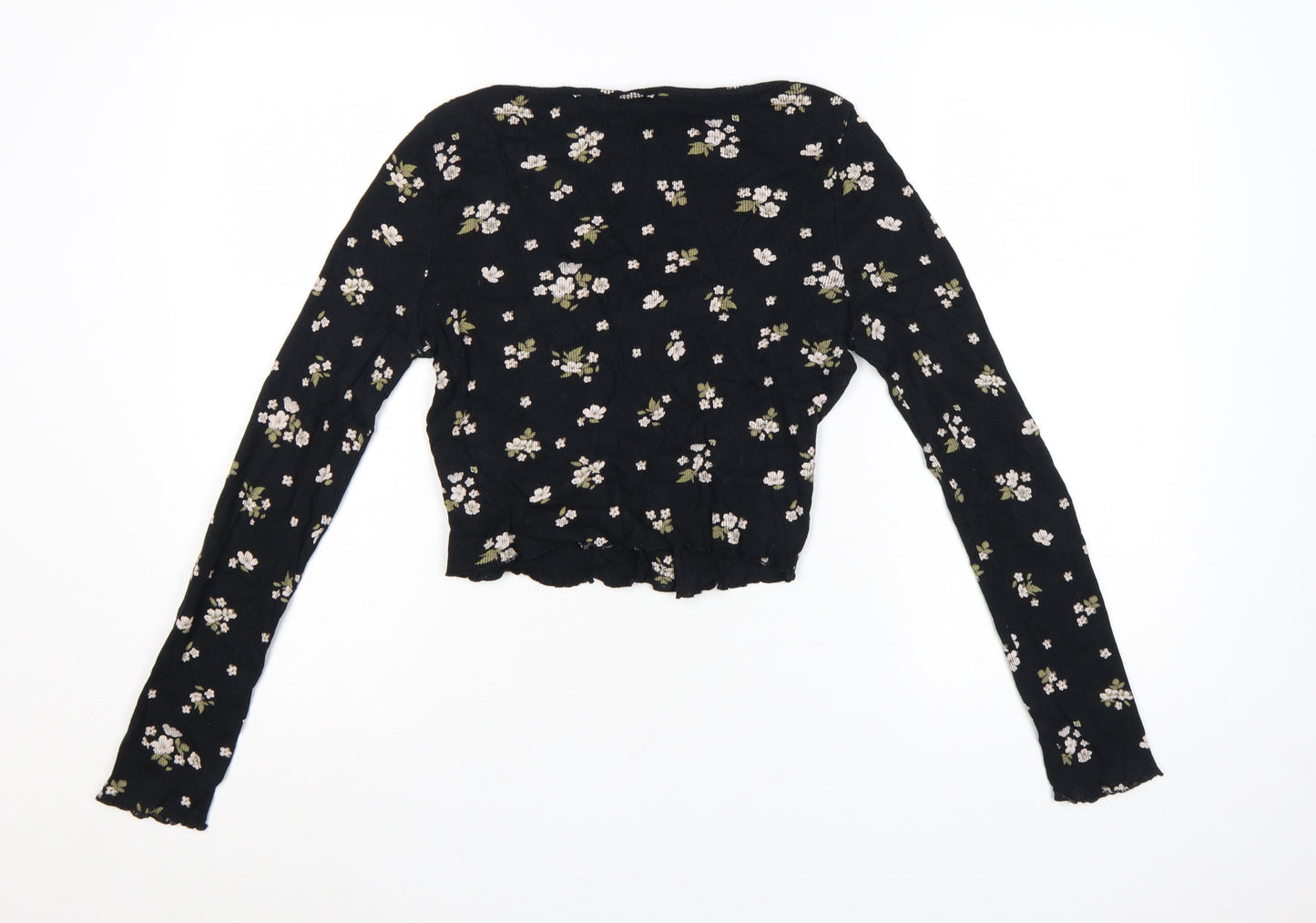 Miss Selfridge Women’s Black Floral Cropped Long Sleeve Cotton Blouse UK 10