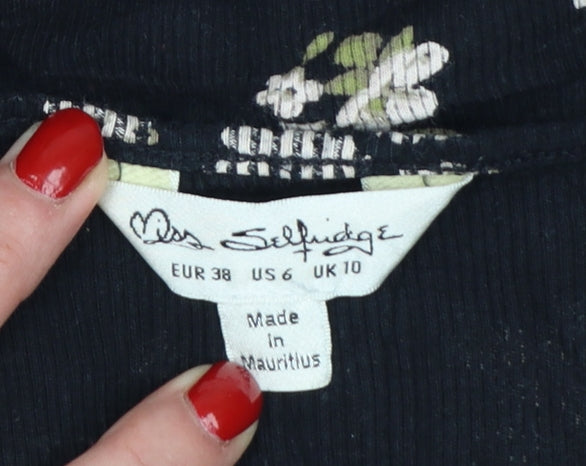 Miss Selfridge Women’s Black Floral Cropped Long Sleeve Cotton Blouse UK 10