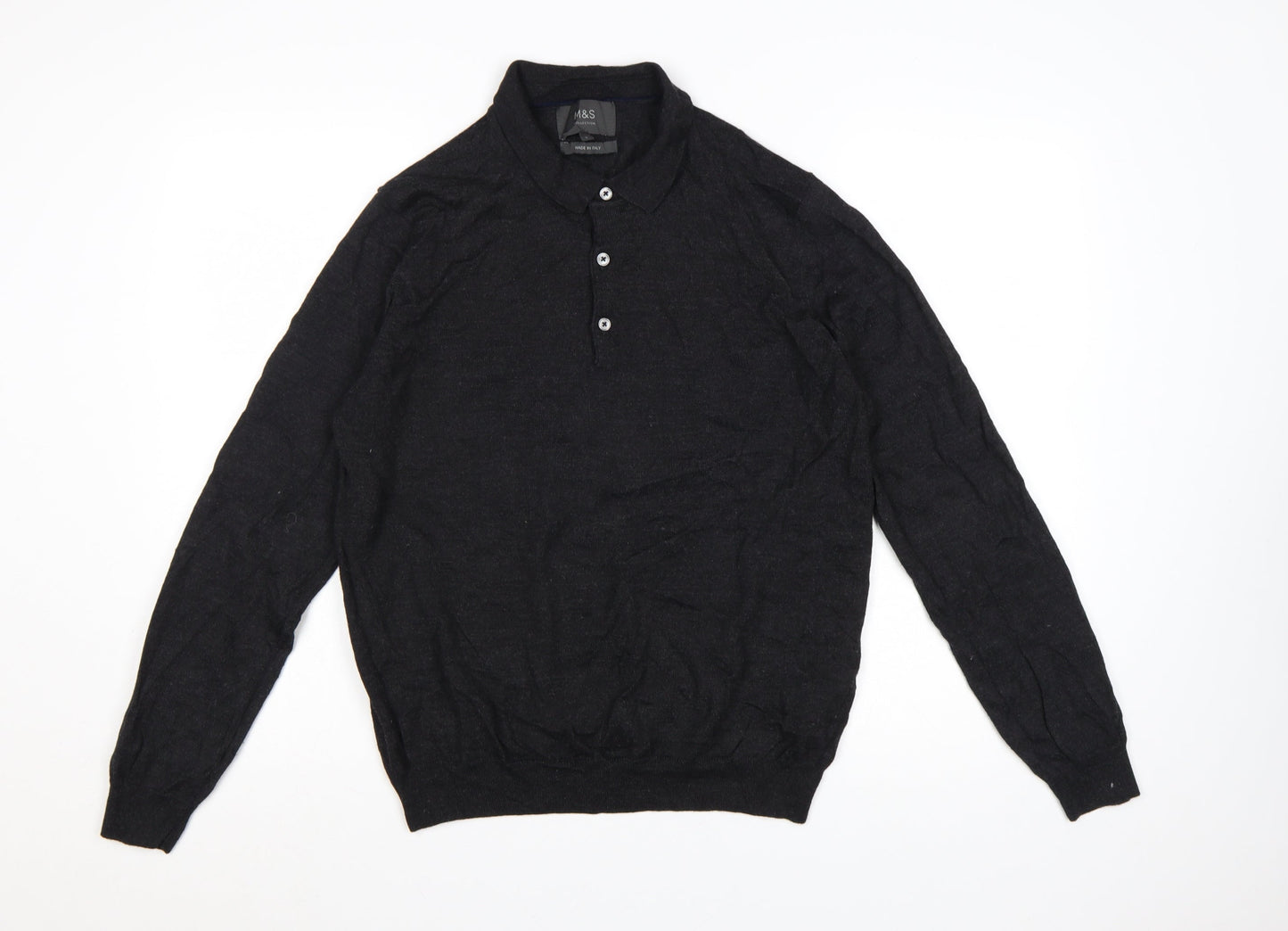 Marks and Spencer Men's Black Wool Blend Collared Henley Jumper L