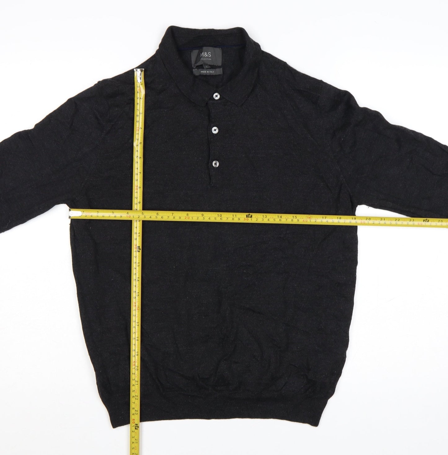 Marks and Spencer Men's Black Wool Blend Collared Henley Jumper L