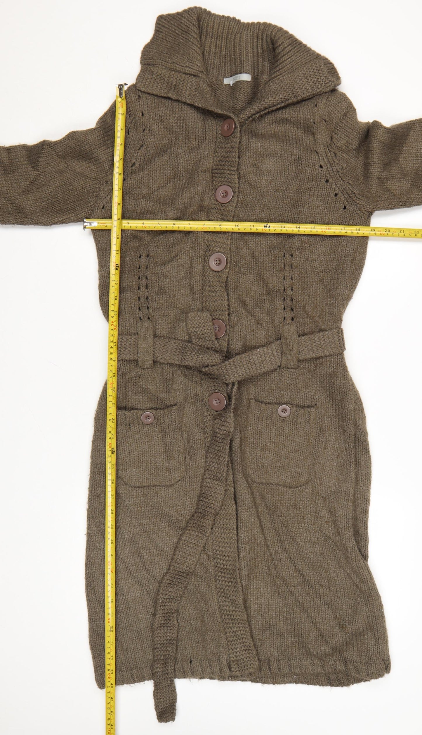 Marks & Spencer Women’s Brown Belted Long Cardigan UK 12 Roll Neck Knit